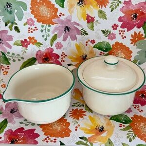 LENOX CHINASTONE Covered Sugar & Creamer Ceramic White with Green Trim Vintage